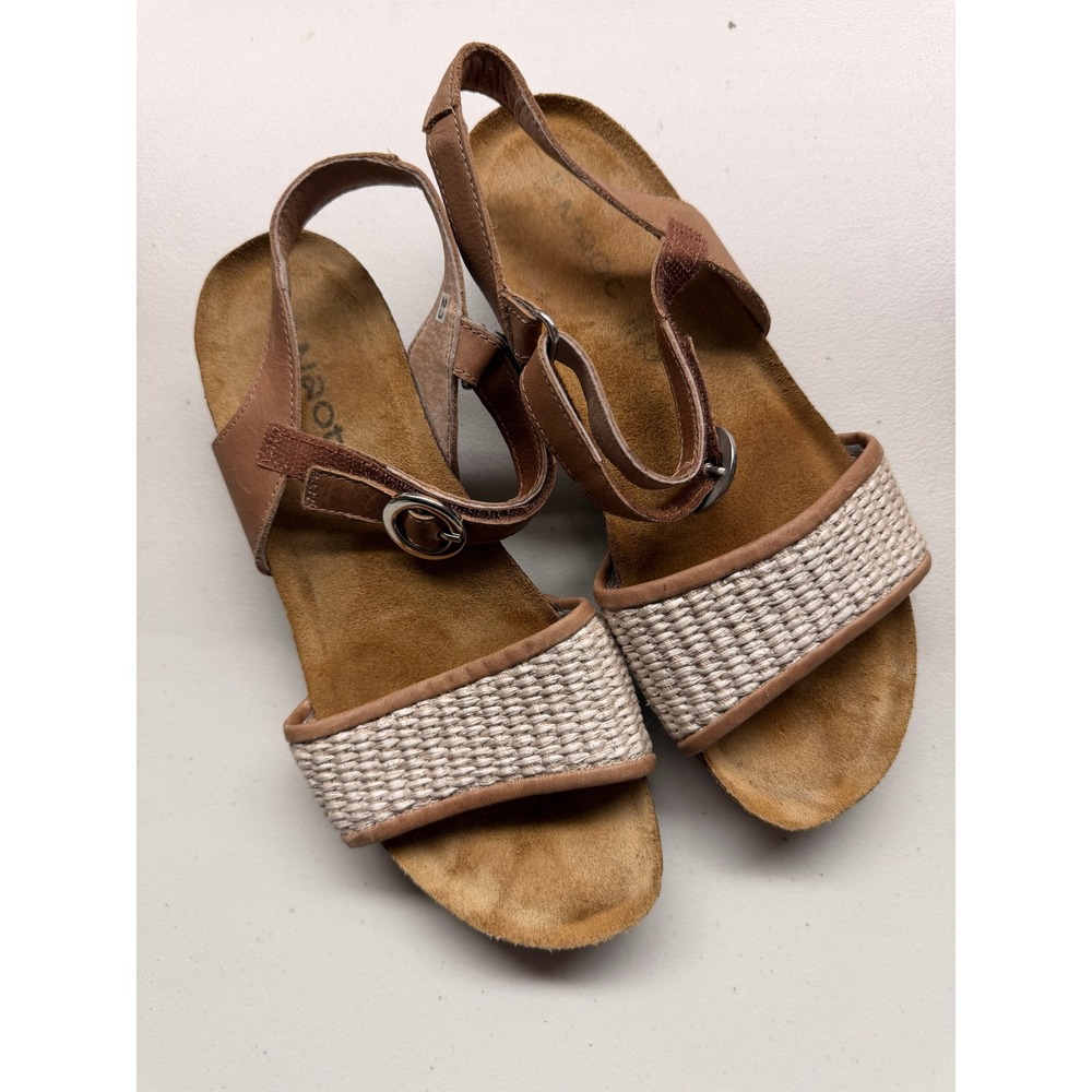 Naot Wedge Sandals Women 38 Tan Leather Woven Strap Comfort Cork Footbed 212660